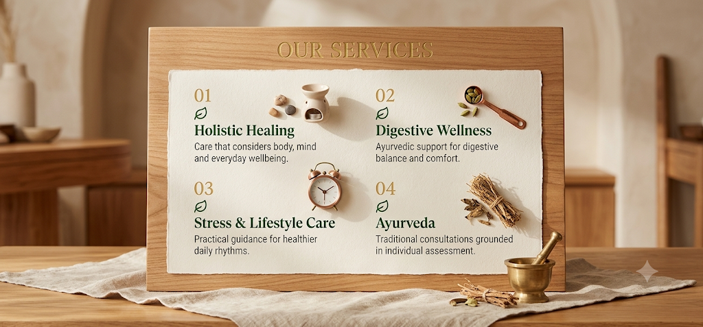Dinaarogyam services: holistic healing, digestive wellness, stress and lifestyle care, and Ayurveda